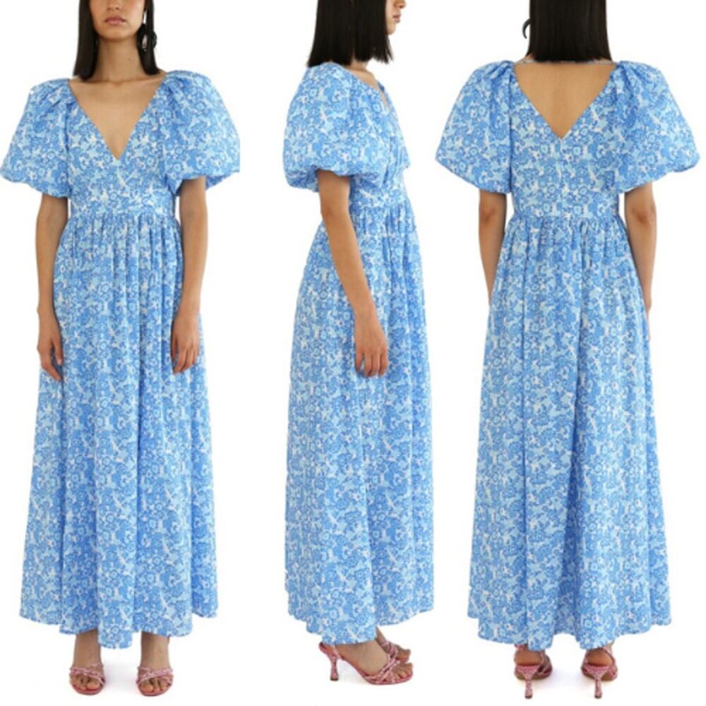 NWT De‎ Loreta Tuckernuck Rococo Puff Sleeve Cotton Maxi Dress Blue Small $560